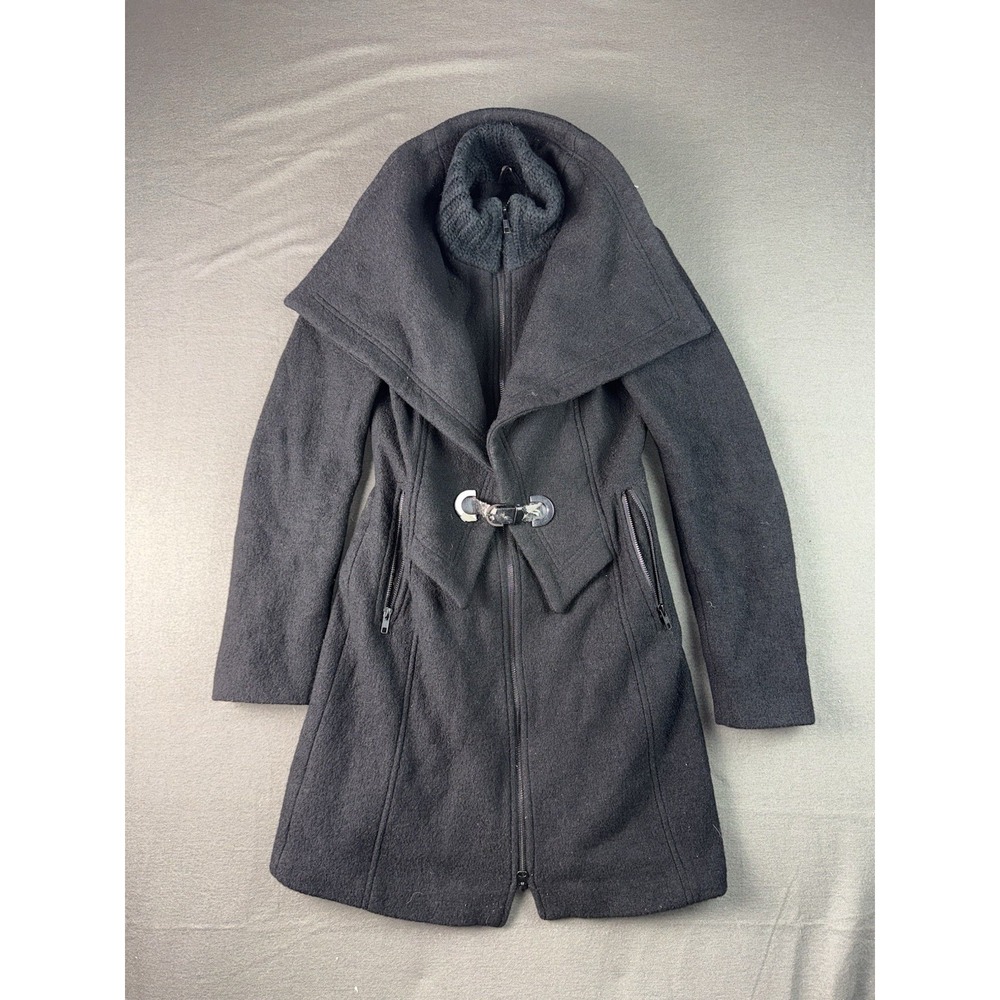 Soia & Kyo Wool Blend Asymmetrical Wrap Coat Black Women XXS Made in Canada